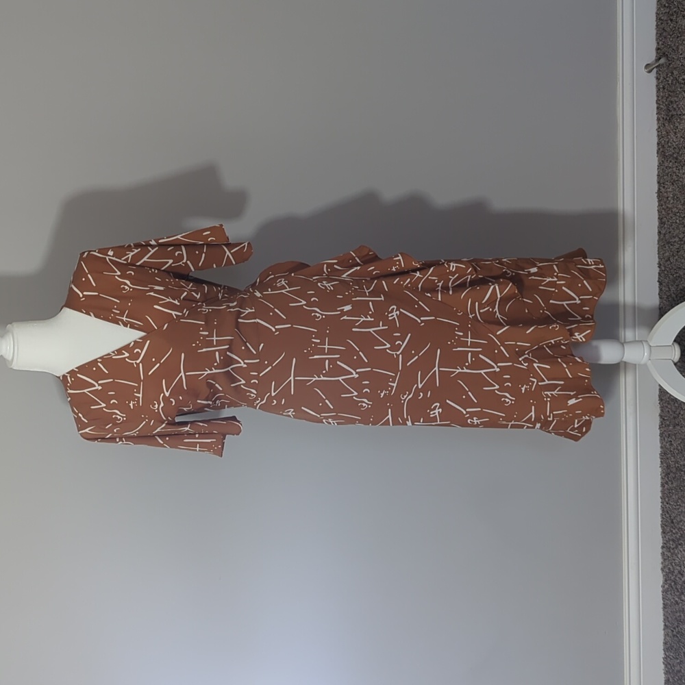 ASOS Size US 10 Brown-Terracotta Wrap Dress with White Abstract Print.